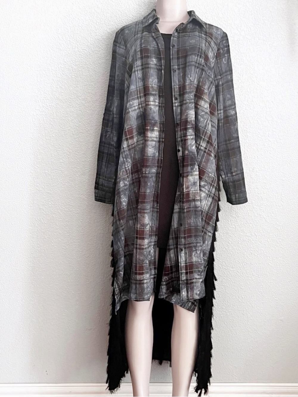 Plaid Linen Fringed Tab Sleeve Jacket Hi/Lo Lagenlook Western Boho L/XL - Picture 9 of 10